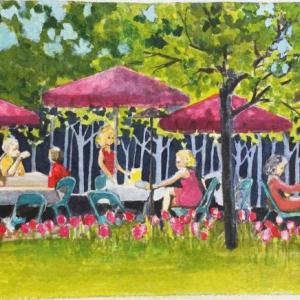 An outdoor cafe in Quebec City, where I had breakfast one morning 20 years ago. Painting by Suzi Thayer