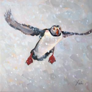 “Just a Snow Shower!”oil painting in Lea Peterson’s puffin collection. Courtesy of artist’s website