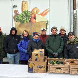 The team of volunteers at the Good Shepherd Food Mobile distribution on March 2 were, from left, Robert Jordan, Andy Poulin, Laurie Bean, Betsy Wing, Fleet Davies, Greg Barter, Nat Wing and Steve Granholm. Not shown are Brad Hastings, Ken Fitch and Gordon Goldsmith. SUZI THAYER/Boothbay Register