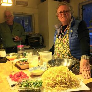 Mimi Hunt cooked her famous shrimp scampi at my house in Edgecomb last week. SUZI THAYER/Boothbay Register