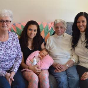 Five generations of some familiar women gather in Boothbay Harbor on Sunday, April 2. From left are Linda Barlow, Kyla Gaecklein, 1-month-old Gabriella Grace Kelly, Barbara Cundy and Shani Hardy. Gabriella is a fifth generation three times with other family in Texas as well as northern Maine, according to grandmother Shani. Courtesy of Emily Krah