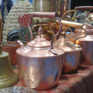 A collection of copper pots was among the antiques at the Bath Sale in March. Courtesy of George Jones