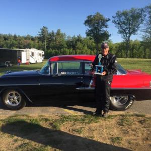 John Harper of Wiscasset holds his trophy for winning the first NHRA Super Street race at New England Dragway in Epping, New Hampshire this season on May 20. Courtesy photo