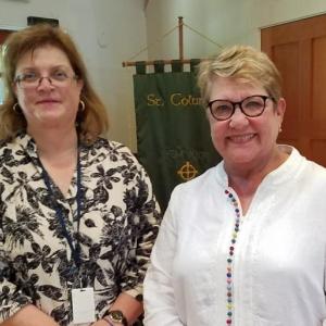 Dr Cynthia Heil, left, senior research scientist for Bigelow Laboratory for Ocean Sciences, and BRGC President Claire Tomlin at BRGC July General Meeting. Courtesy of Kathleen Marty/BRGC