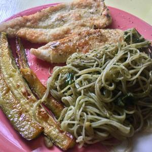 Pesto on pasta, sauteed chicken breast, and roasted summer squash. Ridiculous! SUZI THAYER/Boothbay Register