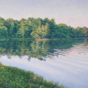 Janice Anthony, “Damariscotta River,” 14” by 30” acrylic on canvas. Courtesy of Gleason Fine Art
