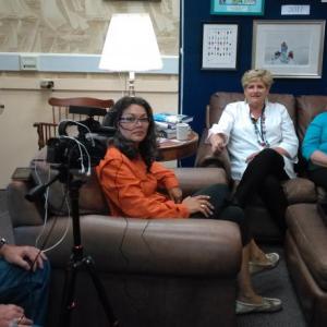 From left, Jay and Stella Kochiss of On R Way productions interview the Community Center’s Jane Good and Margaret Jones Perritt for a documentary. JANE CARPENTER/Boothbay Register