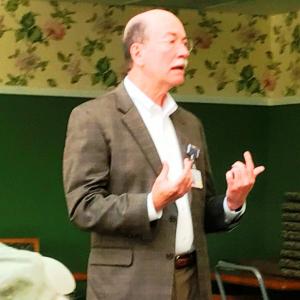 Jim Donovan, CEO of LincolnHealth, speaks to the St. Andrews Auxiliary in August about the unification proposal from MaineHealth. Courtesy of Carole Zalucky