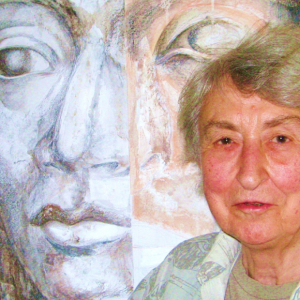 Artist Brenda Bettinson stands in front of her 30 x 38 mixed media work “Sisters,” completed in 2011. Cordula Mathias photo Brenda Bettinson