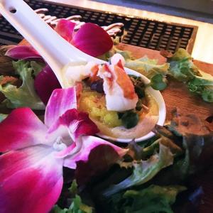 Thistle chef-owner Dick Reid’s winning tasty bite was butter-poached lobster with truffled (Thistle) Newburg sauce, on a pan-seared saffron risotto cake, with microgreens, and a port wine reduction.SUZI THAYER/Boothbay Register