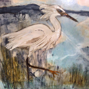 "Egret on the Shore” - encaustic/oil pastel on Bbrch panel by kdb Dominguez. Courtesy of the venue kdb Dominguez