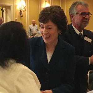 Sen. Susan Collins, R-Maine, greets business owners and the public at the Oct. 13, 2017 breakfast gathering of the Penobscot Bay Regional Chamber of Commerce at the Samoset Resort, in Rockport. (Photo by Jenna Lookner)