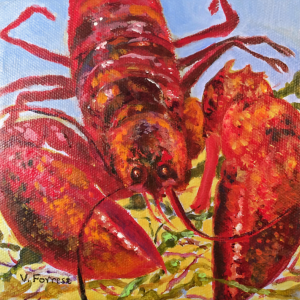 Wiscasset artist Virginia Forrest’s “Lobster,” a 6” x 6” acrylic on canvas is included in the new Kefauver Studio & Gallery show. Courtesy of the venue Virginia Forrest