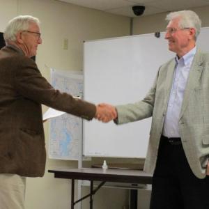 Lincoln County Commissioner Hamilton Meserve, left, congratulates Don Kroitzsh of Edgecomb on being named a Spirit of America award recipient. PHIL DI VECE/Wiscasset Newspaper