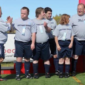 The Boothbay Region Special Olympic adult soccer team. From left, Brenda LeConte, Danny Miller, Matt Farnham, Joey Ranco, Ronda LeConte and Donny Dunning. Courtesy of Toby LeConte