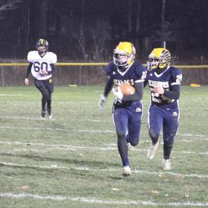 Boothbay wingback Hunter Crocker tied Nov. 10’s Class E Championship game with a 43 yard catch and run against Maranacook. Boothbay won, 20-14, capping a 10-0 season. STEVE EDWARDS/Boothbay Register