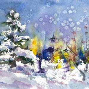 ”Early Snow,” a 5” x 7” giclee print from an original watercolor, by Wiscasset-based artist Cindy Spencer. Courtesy of the venue Cindy Spencer