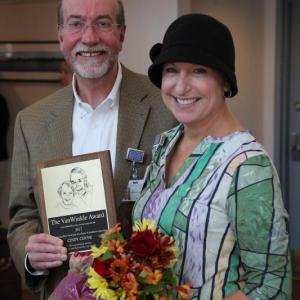 LincolnHealth Director of Quality, Patient Safety and Patient Advocacy Cindy Coyne, RN (right) is the 2017 recipient of the Webster and Elise Van Winkle Excellence in Healthcare Award, which was presented by LincolnHealth CEO Jim Donovan. Courtesy of LincolnHealth