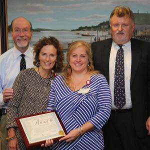 Pictured from left, LincolnHealth President and CEO Jim Donovan, Miles & St. Andrews Home Health & Hospice Executive Director Kathy Bean, RN, Clinical Software Support Assistant and John A. Bowers Innovation Award recipient Danielle Feltis, and LincolnHealth Board Chairman Bill Logan. Courtesy of LincolnHealth