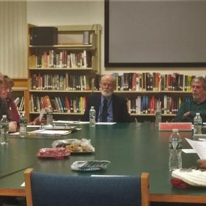Dave Benner, left, talks about waking in the early hours of the morning to a boiler down at BRES. Bob Webster, center, is the new interim superintendent. JOSEPH CHARPENTIER/Boothbay Register