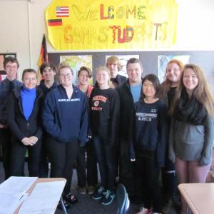 Headed to Germany are Max Hoecker, left, teacher Ingrid Merrill, Gerald Gagne, Elizabeth Ham, Emma Hodgdon, Madison Barter, Jacob Echols, Joseph Lane, Duyen Nguyen, Eve Dolloff and Lexi Lane. Not pictured: Ben Rumney and Cassidy Hicks. Courtesy of Ingrid Merrill