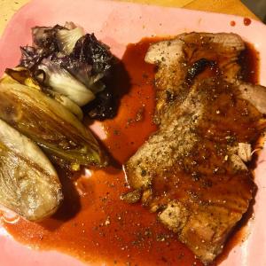 Roasted red currant jelly glazed pork loin with pan roasted radicchio and endive. SUZI THAYER/Boothbay Register