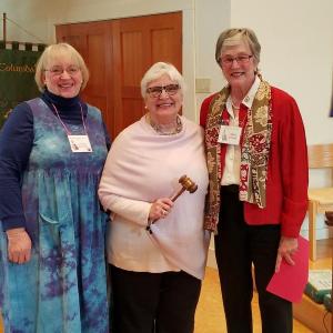 Past President of the Boothbay Region Garden Club Mimi O’Neill right, installs Sandra Leonard, center, as president and Linda Bonin, left, as first vice president at the Boothbay Region Garden Club Garden Club’s meeting Feb. 14. Courtesy photo