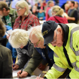 Boothbay, Boothbay Harbor, Edgecomb, Southport and Westport Island democrats register for the caucus in Boothbay Harbor. Courtesy photo