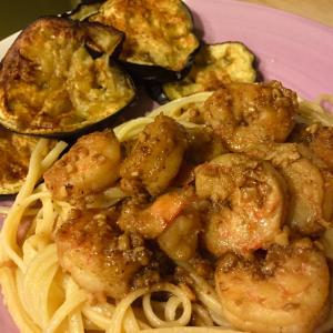 Shrimp scampi with roasted eggplant was one of the fabulous meals I’ve indulged in over the past few weeks of pigging out. SUZI THAYER/Boothbay Register