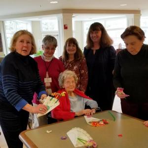 Garden Club members, from left, Nan Jackson, Jane Homer and Sandra Abernathy; Gregory Wing Activities Director, Jerie Phinney; BRGC member, Karen Gilbert and seated, resident Louise Greene. Courtesy of Kathleen Marty/BRGC