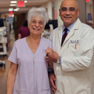 The first LincolnHealth patient to recover from a joint replacement surgery without opioid pain medications, Anita Oberlander, with Lincoln Medical Partners Orthopedic Surgeon Rifat Zaidi, MD. Courtesy of LincolnHealth