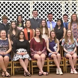 Boothbay Region High School’s 2018 Honors students and administrators at the Mountain Valley Conference Scholars Banquet on May 3. Pictured from left are, front row: Summer Chamberlin, Isabelle Curtis, JoAnna Shaw, Annie Bryer, Evy Case; middle row: Assistant Principal Allan Crocker, Kylie Michael, Lilliian Sherburne, Madeleine McLellan, Lovely Uberita, Sydney Meader; back row: Kyle Ames, Page Brown, Nicholas Simpson, Connor Demmons, Max Hoecker and Principal Dan Welch. Courtesy of Maria Hoecker