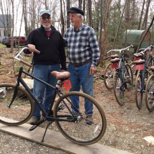 Mike Thompson, left, and Seth Hedgecock are the Rotary “bike men.” The two make sure the bike program wheels are safe and ready to ride. Courtesy of Alice Mutch