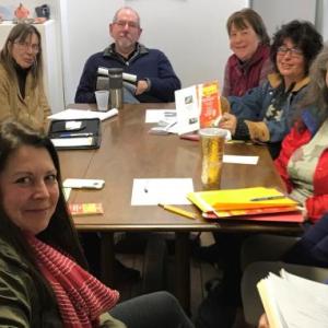 ArtWalk Volunteers meet at River Arts: Kristy Battles from Newcastle Realty (treasurer); Rob Jones and Barbie Mazurek from Wooden Alchemy; Patti Brown from Newcastle Realty (brochures and poster distribution); Linda Morkeski from River Arts; Will Kefauver, artist, (Ad committee); Marnie Sinclair, artist; Roz Welsh, artist; Grace Goldberg, Savory Maine; Kim Traina, Jumpstart Creative (design and marketing chair); Kathleen Horst (organizational chair). Photograph by: Rebecca Norton.