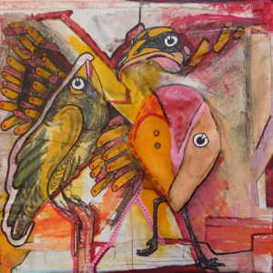See “Wayward Feathered Fates,” 8” x 8” mixed media by Max Bartsch in the Birds show at Mathias Fine Art. Courtesy of the venue Max Bartsch