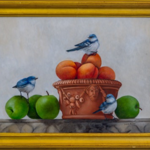 “Blue Warblers” by Genetta McLean, oil on wood, 15” x 19” is one of the artist’s works in Mathias Fine Art’s current show. Courtesy of Cordula Mathias Genetta McLean
