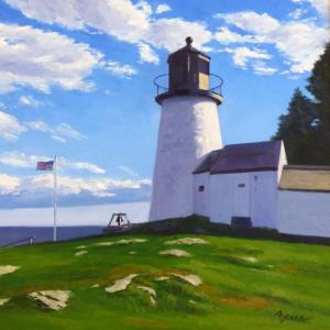 Kevin Beers’ “Burnt Island Light” 24” x 24” is on display at Gleason Fine Art through July 31. Courtesy of the venue