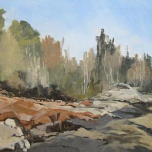 “LaVerna Preserve,” 24” x 30” acrylic by Midge Coleman. See this work and others by the artist at PWA through mid-August. Courtesy of Jill Rice Midge Coleman