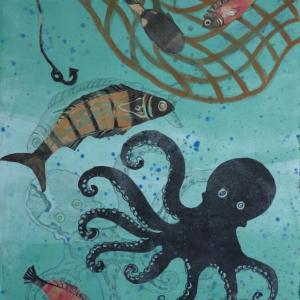 Susan Amons’ "Octopus & Net #1”, monoprint with pastel is on display at The Green Lion Gallery, Bath, through mid-August. Courtesy of David Morgan Susan Amons