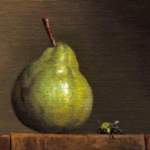 Abbey Ryan, “Still Life with Pear and Bumble Bee,” 8” x 6”, oil. See Ryan’s work at Gleason Fine Art through Sept. 3. Courtesy of the venue Abbey Ryan