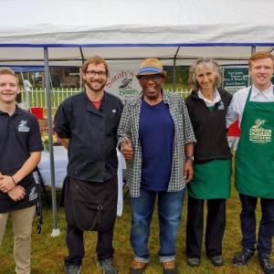 NBC's Al Roker gives a thumbs up with the Sarah's Cafe crew who served the “Today” show on its Midcoast visit. From left are Hunter Farrell, Matthew Norris, Roker, Susan Robson and Sarah Heald’s nephew Harry Heald, who Norris said is a Georgetown lobsterman. Courtesy of Matthew Norris