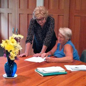 Jane Good, left, and Debbie Graves in the room where they facilitate the area NAMI support group. The group will start meeting at St. Columba’s Church, 32 Emery Lane in Boothbay Harbor on the third Tuesday of each month from 6 to 7:30 p.m. JANE CARPENTER/Boothbay Register
