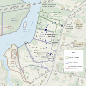 An updated map of Round Top Farm shows the two new preserves to the north and south of Round Top Farm, which double the size of the area now permanently protected and accessible to the public (blue bordered areas in the center of the map). The new accessible River Trail (blue) connects Round Top Farm to Great Salt Bay Community School. Courtesy of Steven Hufnagel