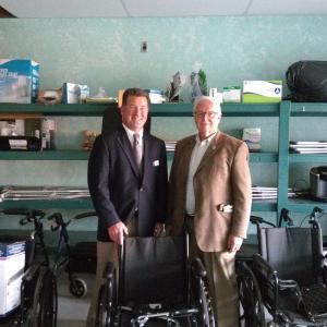 Hall Funeral Home President Michael Hall, left, and Shawn Lewin, president of the board of the Community Center, stand amid the medical equipment. JANE CARPENTER/ Boothbay Register