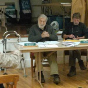 Edgecomb resident Ron Carey discusses snowplowing costs with selectmen. JANE CARPENTER/Boothbay Register
