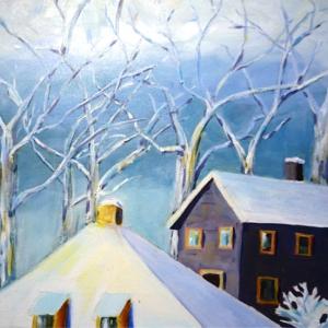 “Over the Rooftops” by Brooke Pacy was but one of the 12” X 12” works in the 2017 Art in the Square show. Courtesy of June Campbell Rose Brooke Pacy