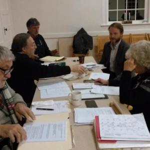 Edgecomb selectmen and Town Clerk Claudia Coffin meet with Jon Pottle of Eaton Peabody, second from right, about a TIF amendment. JANE CARPENTER/Boothbay Register