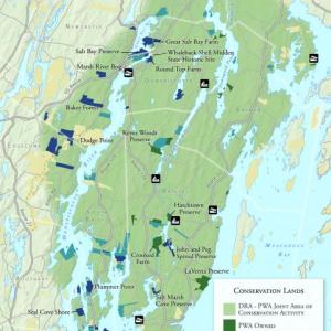 A map of the greater Pemaquid Peninsula, showing properties owned, managed and conserved by DRA and PWA, as well as the two organizations’ joint area of conservation activity, shaded in green. Courtesy photo