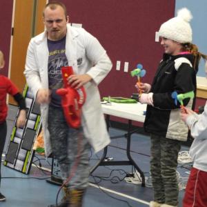 “Catalyst Corey” demonstrates various types of energy Jan. 15 at joint school assembly of Edgecomb and Southport elementary school students at the Eddy School. BILL PEARSON/Boothbay Register