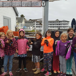 Brownie Troop 526 scouts, from left, Abigail, Annabelle, Adaline, Arabella, Eliza, Olivia, California, Georgiana, Ariyah, Natalie, and Jessica on the dock at Boothbay Lobster Wharf. Courtesy photo